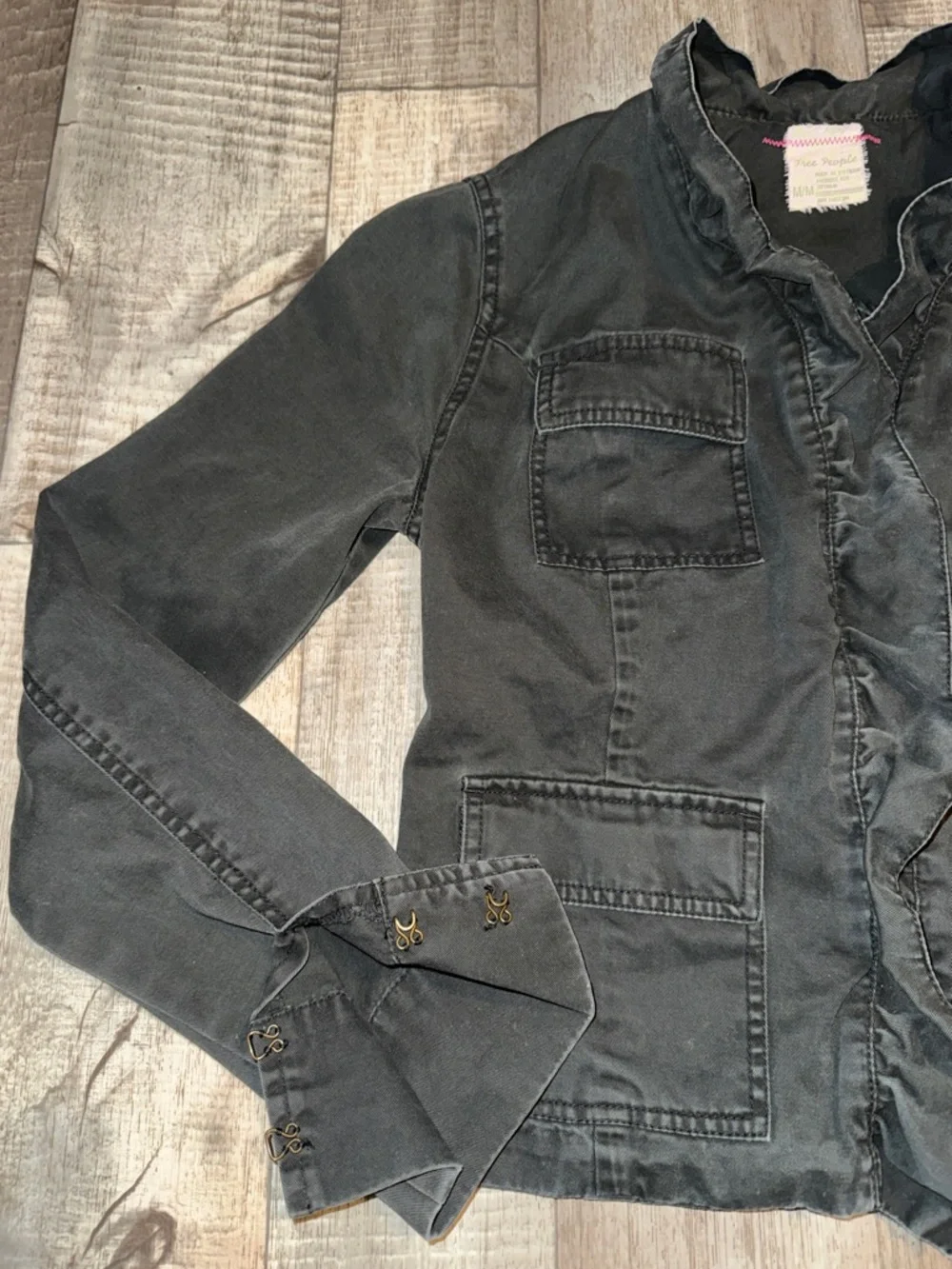 FREE PEOPLE  Black Ruffled Trim Jean Jacket-size M - Picture 3 of 11